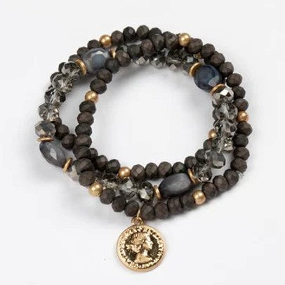 Grey Beaded Bracelet with Coin Charm