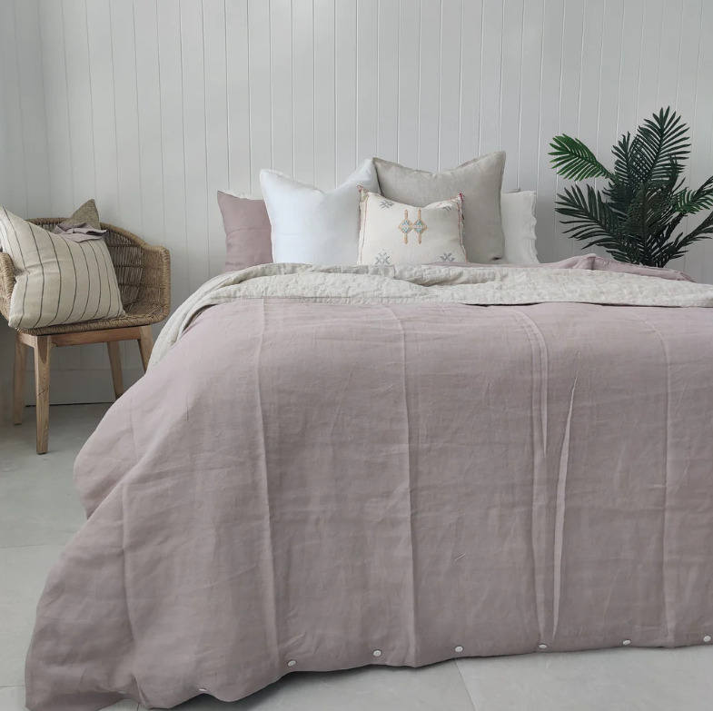 © Pure french linen cotton quilt cover set king smokey pink