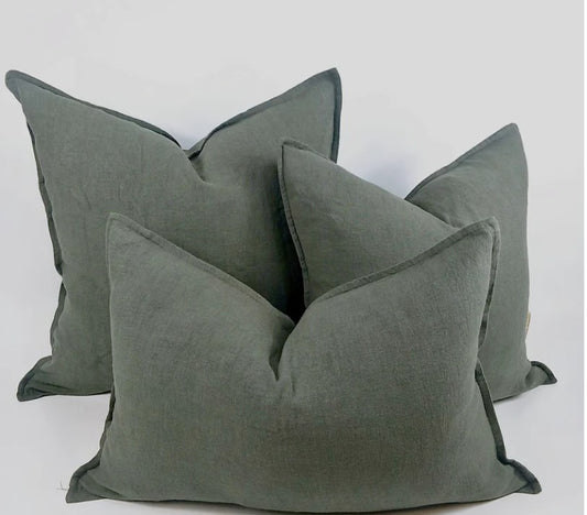 © Stonewashed heavy french linen cushion dark khaki